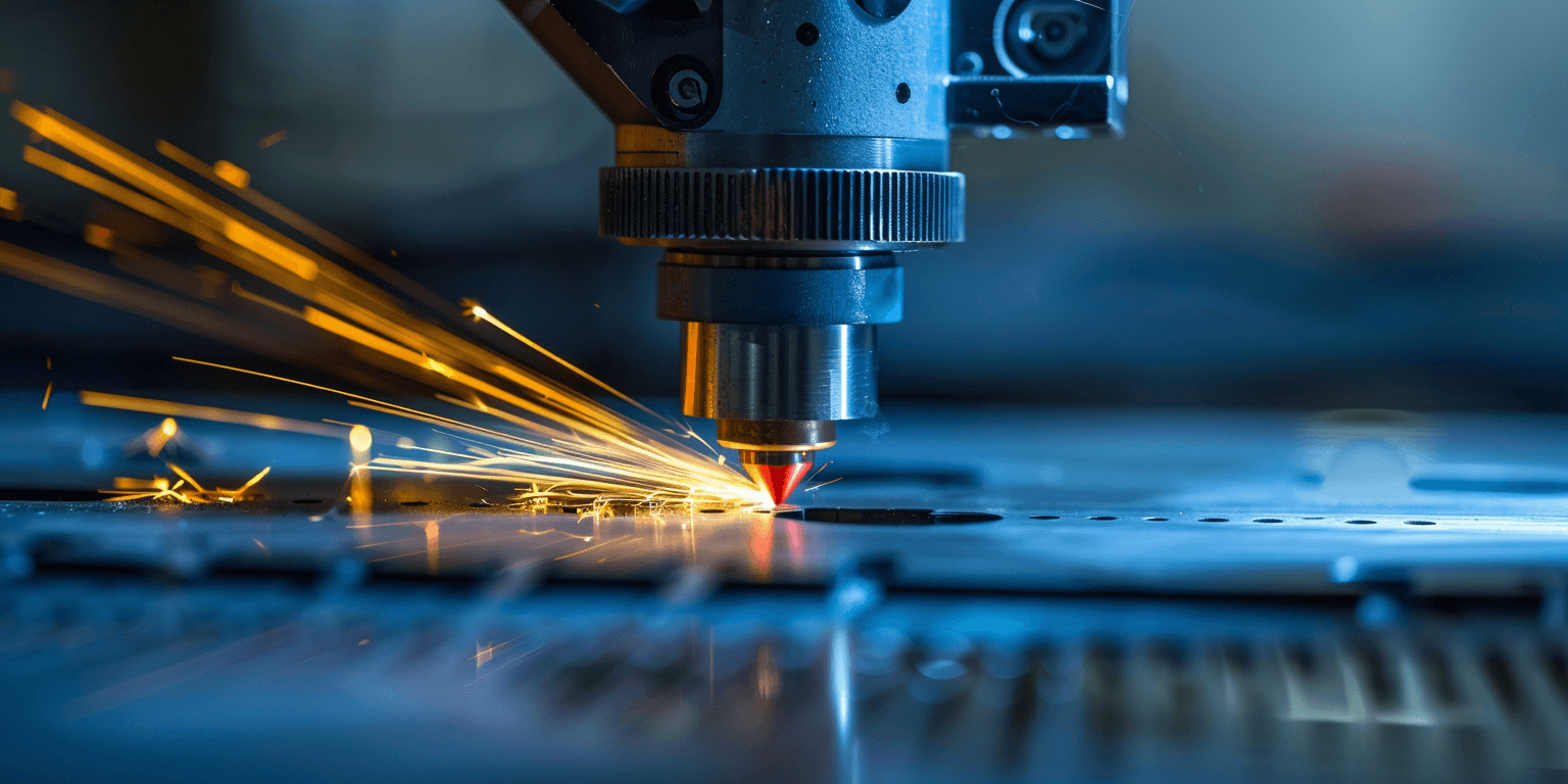 Close-up of laser cutter cutting thin sheet metal at eye level